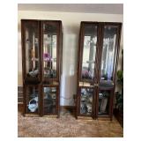 Pair Post modern lighted china cabinets with brass