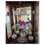 Three shelves glassware, vase, bowls & courting sc