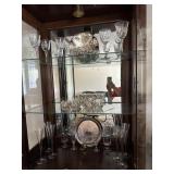 Four stemmed wine glasses, silverplate tray, flute