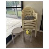 Porch items - stack chairs, patio tables, TV stand