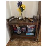 Rolling cart with puzzles, basket & bud vases