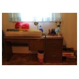Desk, file cabinet, 2 boxes sewing supplies, offic