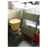Stool,  folding laundry cart, & two coolers