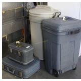 1950s matched 2pc luggage set & 2 trash cans w/ li