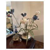 Faux flowers, glass jewelry box, petite perfume &