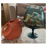 Fiestaware Orange water pitcher & blue glass marti