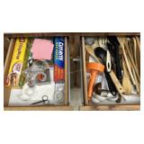 Drawer contents - plastic ware, wood tools, measur