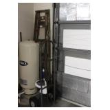 Wood ladder, dolly, Gopher reaching tool & bucket