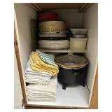 Crock pot, metal canisters, tins, kitchen towels,