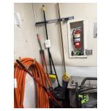 Grouping - 3 brooms, scrubber, waste dust pan & mo