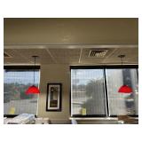 Two red pendant lights, cloth shade ceiling fixtur