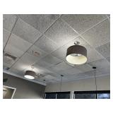 3x$ - hanging light fixtures 2grey & 1 red shade