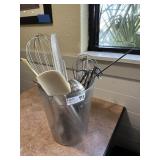 Utensil grouping - 3 whisks, 2 spatulas, slotted s