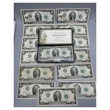 Fourteen US $2 Federal Reserve Notes incl (1) 1976