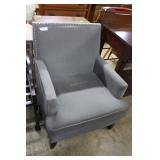 Pair contemporary grey arm chairs with button