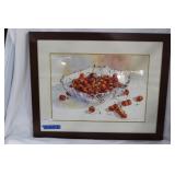 Still life watercolor of cherries in bowl by