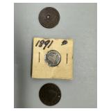 One US 1891 Seated Liberty Dime, Two US Large Cent