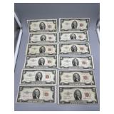 Twelve US $2 Red Seal Bills incl (1) 1953-C *miscu