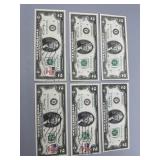 Six 1976 US $2 bills - (3) with 13 cent stamps on