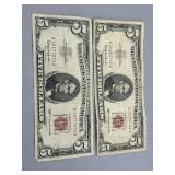 Two US $5 Red Certificate bills from 1963