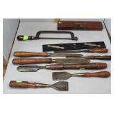 Antique Chisel, level, saw, and drafting lot
