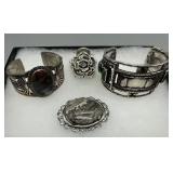 Two Silver bangles, Silver broach, & floral pendan