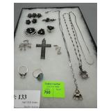 Sterling grouping incl three necklaces, screw back