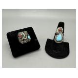 Two sterling turquoise and coral rings size 12 & 8