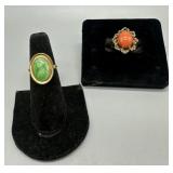 9kt coral ring size 6.5 (4.90 gtw) & 10kt jadeite