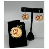 18kt Italian hand-painted rose pendant & earring s