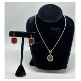 14kt yellow gold Intaglio earrings in red and neck