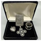 Four pc Sterling incl dual heart locket, S6660