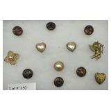 Twelve vintage button covers incl hearts & cupid