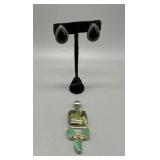 Sterling onyx studs and Sterling pendant with gree