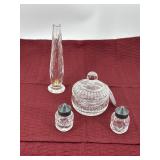 Waterford bud vase, s&p shakers, & candy dish