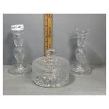 Waterford candlesticks and lidded jar