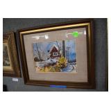Watercolor New England winter landscape signed low