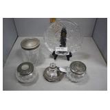 Waterford tray with silver lidded dresser jars & i