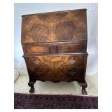 Burl oak drop front secretary desk with paw feet -