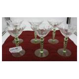 Six Uranium etched martini glasses
