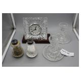 Waterford plop pair of candlesticks, salts and pep