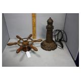 Ship wheel display & cast metal lighthouse table l
