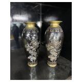 Pair brass inlaid mother of pearl inlaid bud vases