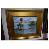Contemporary Florida acrylic on board in gold fram