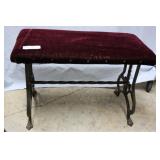 Cast metal bench with red velvet seat - 24" x 17"