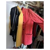 Black 1pc pantsuit, yellow quilted jacket & red qu