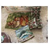 Owl hook rug, Needlepoint wall hanger & 4 needlepo