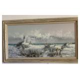 1980s acrylic on canvas coastal water scene signed