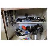 Pots, pans, kitchen utensils, thermometer and new