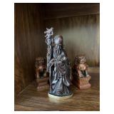Shou Lao figure & two Foo Dogs